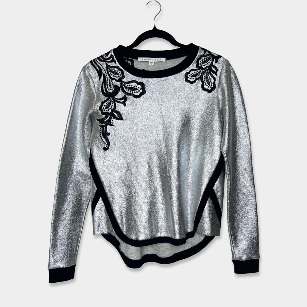 VERONICA BEARD Sweatshirt Size XS Silver Black Embroidery Metallic GUC